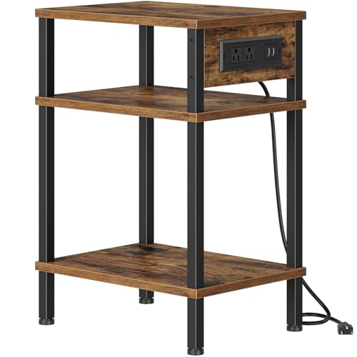 Creso hom Side Table with Charging Station, End Tables Living Room, 21.7 Inch Skinny Night Stand with Storage, Small Bedside Tables for Bedroom, Office, Dorm, Hallway, Rustic Brown - color: Rustic Brown, size: 14.96"D x 11"W x 21.7"H