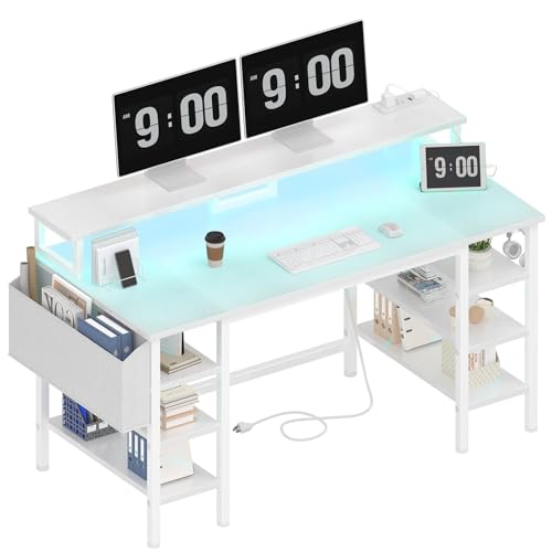 Lufeiya White Desk with Storage Shelves - 47 inch Home Office Gaming Desk with Monitor Stand, Computer Desk with LED Lights and Power Outlets, White - color: White