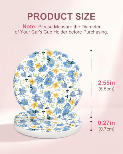 Swooflia Car Coasters for Women - Yellow-Blue Flower Ceramic Car Cupholder Coaster Absorbent Mat Coaster with Cork Base 2 Pack 2.55 inch Automotive Cup Holder Accessories New Driver Gifts for Decor - color: Yellow Blue Flower