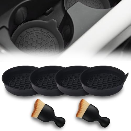 Car Cup Coasters, Silicone Cup Holder Insert (4 Pack) with Soft Bristle Cleaning Brush (2 Pack), Non-Slip Honeycomb Spill Guard Car Interior Accessories, Universal for SUV, Sedan, Truck (Black) - size: Style 1