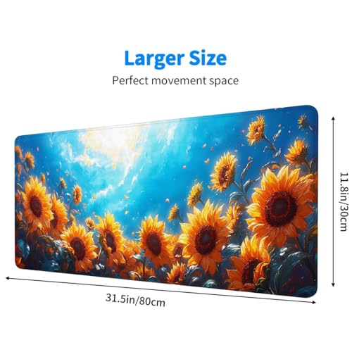 Sunflower Field Large Mouse Pad Blue Sky Golden Petals Summer Light Painting Gaming Mouse Pad Mat with Stitched Edge Non-Slip Base 31.5x11.8 Inch - color: Sunflower Field