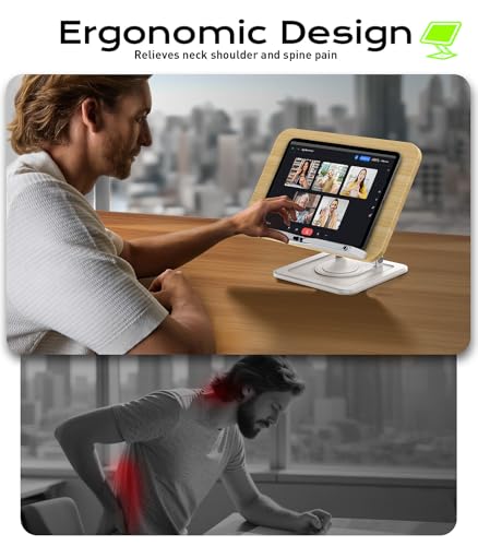 Book Stand for Reading, Adjustable Book Holder with 360°Rotating Bases, Ergonomic Cookbook Stand Recipe Book Holder with Elastic Page Clips for Magazines, Tablets, Laptops,White - color: White