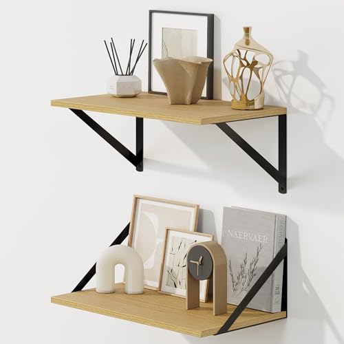 Fun Memories Deep Floating Shelves for Wall, 16W x 8D Wall Mounted Shelves Set of 2, Wide Display Ledge Shelf with Sturdy Metal Brackets for Living Room, Bathroom, Bedroom and Kitchen, Oak - color: A-oak, size: 16"w x 8"d