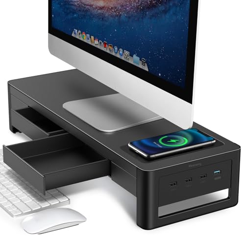meatanty 3 In 1 Monitor Stand Riser with 2 Drawers,1 Wireless Charging Module and 4 USB Ports,Metal Computer Stand Support Transfer Data & Charging,Desk Organizer for PC,iMac (21 inches) - size: Large