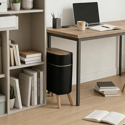 suyika Automatic Trash Can, 2.6 Gallon/10L Bathroom Trash Can with Lid - Wood Grain Lid and Legs, Touchless Waterproof Garbage Bin for Bedroom, Bathroom, Office, Living Room - color: Black