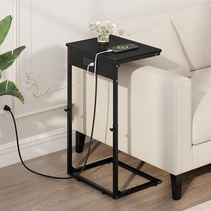Vagusicc C Shaped End Table with Charging Station, Adjustable Height Side Table for Couch,Small Side Table Small Spaces, 33.2'' Tall Couch Tables that Slide Under, Tv Tray Table for Living Room, Black - color: Black (1 Pack), style: With Plug