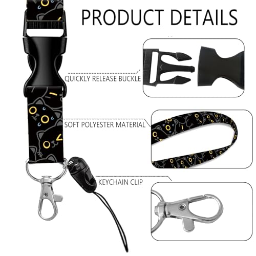 ID Badge Holder with Lanyard Fashionable ID Card Holders with Retractable Lanyards Soft Fiber Metal Clip Sturdy Buckle for Key Wallet Work Nurse Teacher (Cute Black Cat) - color: Cute Black Cat