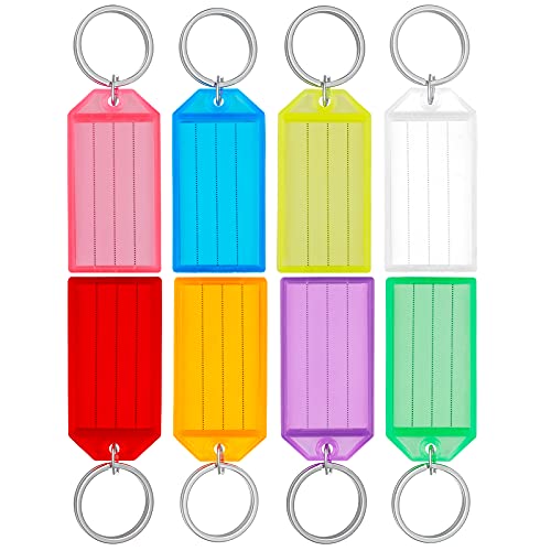 Uniclife 80 Pieces Key Tags 2 Inch Plastic Key Chain Tags with Ruled Blank Paper Labels Transparent Covers and Split Rings Sturdy Item Identifiers, 8 Colors - size: 80 Pack