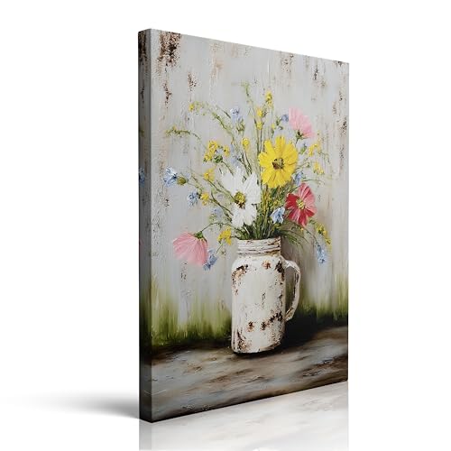 Canvas Wall Art Framed Wildflower Mason Jar Floral Vibrant Colorful Textured Rustic Farmhouse Cozy Serene Whimsical Daisy Wall Decor for Bedroom Cottagecore Vintage Botanical Decor 12x16 Inches - color: vase, size: 16"L x 12"W