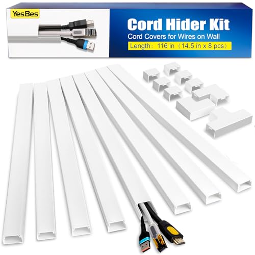 YesBes 116in Cord Hider Kit, Cord Covers for Wires on Wall, Paintable Cable Raceway, Cord Hider for Wall Mount tv, tv Cable Hider Wall kit, Wire Covers for Cords, W0.96in X H0.57in, White - color: 116in, size: 116in
