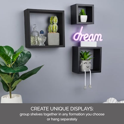MELANNCO Floating Wall Square Cube Shelves for Bedroom, Living Room, Bathroom, Kitchen - Wood, Set of 3, Black (Pack of 4) - color: Black, size: Set of 3 (Pack of 4)