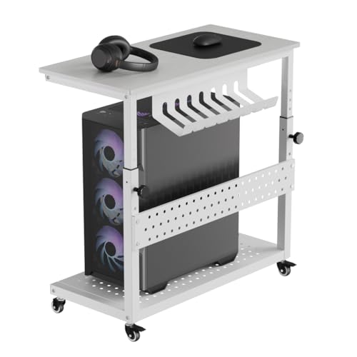 GarveeHome Computer Tower Stand with Cable Management Rack, Adjustable Rolling CPU Holder Cart (22.83 to 34.1 Inches) for Under Desk, 2-Tier Mobile PC Tower Stand for Office and Home Use,White