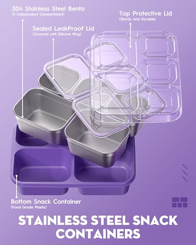 BiuLeon Snackle Box Containers, Stainless Steel 5 Compartments Divided Serving Tray with Lid, Removable LeakProof Portable Bento Box for Fruit Candy Nuts Food - School, Picnic and Travel（Purple） - color: Purple