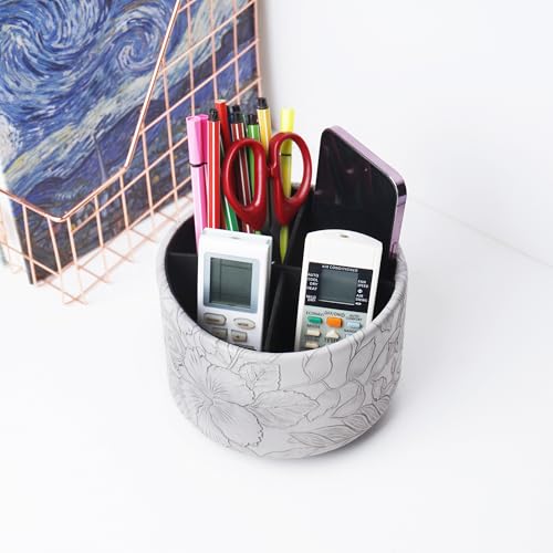 Round Leather Art Supply Organizer,Remote Control Holder,360 Degree Spinning,Multi-Functional Pencil Holder,4 Compartments Desktop Stationary Organizer(1-Carved Grey) - color: 1-Carved Grey