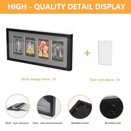 4 Grids Lockable Wall Mount Display Case for Baseball/Sports Cards Collectibles UV Protected Dustproof Frame with Clear Acrylic Design, Ideal for Hockey Trading Cards (Black)