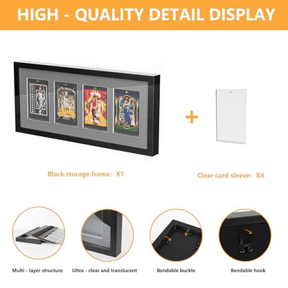 4 Grids Lockable Wall Mount Display Case for Baseball/Sports Cards Collectibles UV Protected Dustproof Frame with Clear Acrylic Design, Ideal for Hockey Trading Cards (Black)