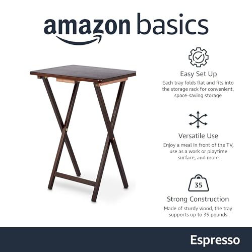 Amazon Basics Portable Foldable TV Tray Table with Storage Rack, Space-Saving Design, Sturdy Wood, 14.6"L x 19"W x 26"H, Espresso, 4-Pack - color: Espresso