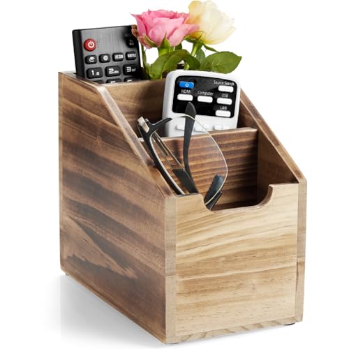 Remote Control Holder, TV Remote Holder, Wood Farmhouse Remote Caddy for Table, Remote Organizer Caddy with 3 Slots, Remote Storage Box for Home Office, Burnt Wood - color: Burnt Wood, size: 3 Slots