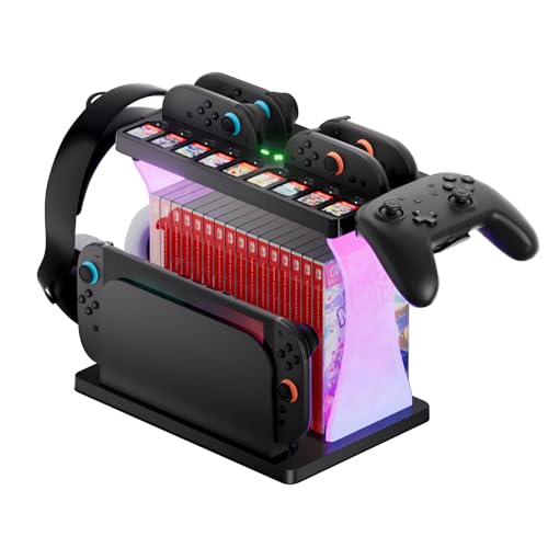 Switch 2 Multifunctional Organizer Station with Joycon 2 Charging Dock | Switch 2 Storage Stand with RGB Light,Pro Controller / Headset Holder,Switch 2 Console Dock with 16 Games Discs