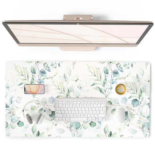 QIYI Large Mouse Pad, Cute Green Leaves Desk Mat for Desktop, Women Girls Office Décor Desk Accessories, PU Leather Waterproof Gaming Mousepad, Eucalyptus Leaf Desk Pad Computer Mat, 31.5" x 15.7" - color: Eucalyptus Leaves, size: 31.5" x 15.7"