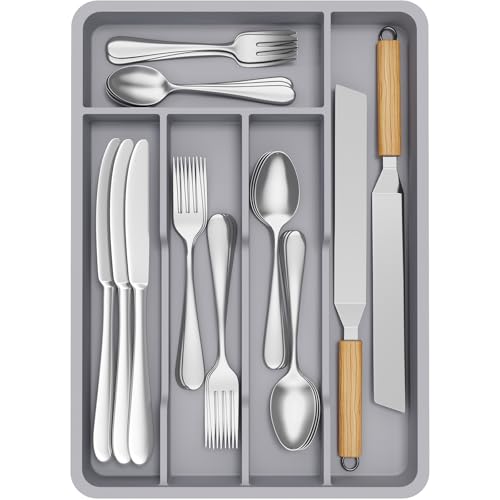Lifewit Silverware Drawer Organizer Tray, Plastic Cutlery Storage for Kitchen, Flatware and Utensil Holder Divider for Spoons Forks Knives Tableware, 9.5 x 13.4", 5 Slots, Gray - color: Gray, size: 9.5 x 13.4 inch (5 Slots)
