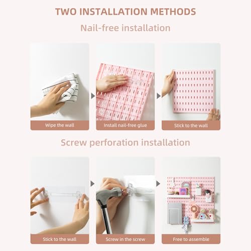 VUSIGN Pegboard Combination Wall Organizer Kit, 4 Pieces Pegboards and 17 Accessories Modular Hanging, Wall Mount Display Peg Board Panel Kits for Bedroom, Home, Office, Bathroom, 22" x 22", Pink - color: Pink2 - 4 Pieces