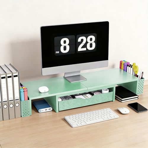 Spacrea Metal Desk Organizers and Accessories, Dual Monitor Stand Riser with Drawer and 2 Pen Holders, Book Racks, Desk Accessories & Workspace Desktop Organizers for Office Supplies (Sage Green) - color: Sage Green