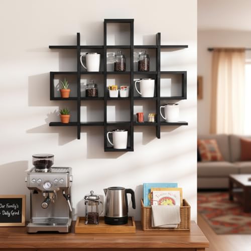 Suzile Oversize Coffee Mug Display Rack Wooden Display Shelves Rustic Wooden Floating Curio Shelf Travel Wall Mounted Coffee Mug Rack Holder Shadow Box Shelf(5.1x5.1x3in,Black) - color: Black