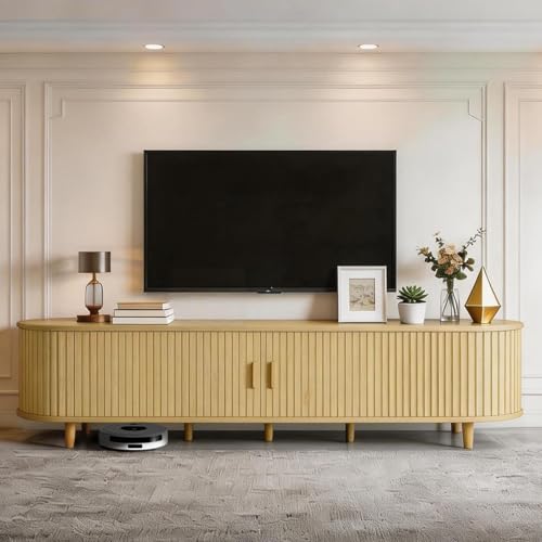 MXV 80" Mid-Century Modern TV Stand with Sliding Doors, TV Consoles with Power Outlet, Fluted Entertainment Center with Adjustable Shelves, for Living Room - color: Oak, size: 80in