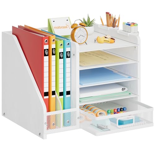 Marbrasse Desk Organizer with File Holder, 5-Tier Paper Letter Tray Organizer with Drawer and 2 Pen Holder, Mesh Desktop Organizer and Storage with Magazine Holder for Office Supplies (Wood-White) - color: Wood-White