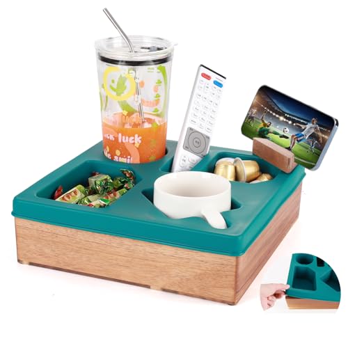 Couch Cup Holder Tray, Silicone Wooden Couch Caddy with Cup Holder for Snacks, Drinks, Remotes, Waterproof Cup Holder for Couch, Organizer, Couch Drink Holder - color: E-green