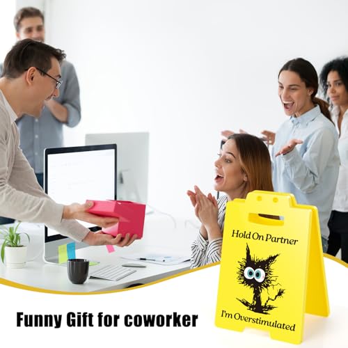 Funny Overstimulated Cat Desk Sign - Humorous Office Decor for Coworkers, Novelty Gag Gift for Mental Health and ADHD Anxiety, Social Battery Warning Sign for Cubicle and Home Office - style: Overstimulated Black Cat