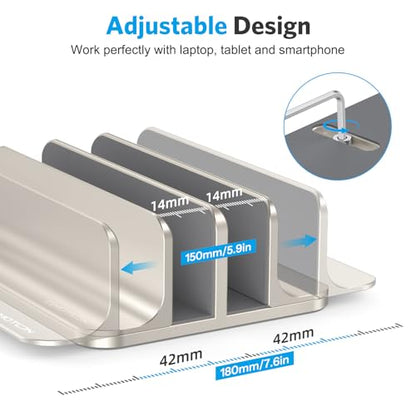 OMOTON Vertical Laptop Stand [Updated Double Version], Desktop Aluminum Mac Book Stand with Adjustable Dock Size, Fits All Mac Book, Surface, Chrome Book and Gaming Laptops (Up to 17.3") (Starlight) - color: Starlight