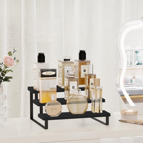 YINMIT Wooden Display Riser Stand, Tiered Perfume and Cologne Organizer Stand, 3 Tier Spice Rack Organizer, Rustic Display Shelf for Candles (3 Tier,Black) - color: 3 Tier,Black