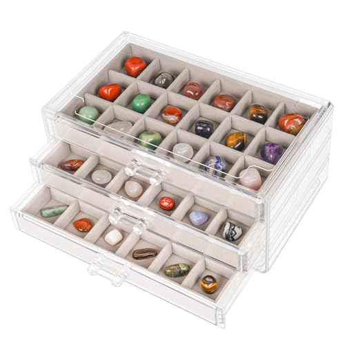 Bfttlity Acrylic Rock Display Case,54 Grids Rock Collection Box for Kids with Mini Magnifying Glass and Gloves, Clear Display Cases for Stones Collectibles Gemstone Crystals Storage Boxes - size: 54 Grids