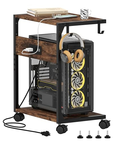Akxomel 2 Tier Computer Tower Stand with Charging Station, 11.8" D x 16.5" W Rolling Floor PC Tower Stand Fits Under Desk, CPU Holder Cart for Carpet with Hooks, C Shaped End Table for Home Office - color: Rustic Brown
