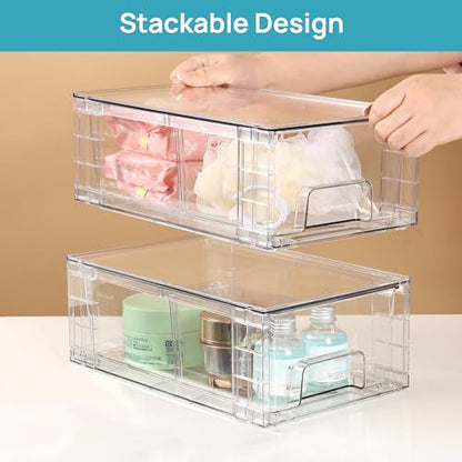 Vtopmart 6 Pack Stackable Storage Drawers,Clear Acrylic Drawer Organizers with Handles, Easily Assemble Containers for Fridge, Bathroom,Kitchen Undersink,Cabinet,Pantry Organization and Storage - size: 6Pack 4.4"H-with Dividers