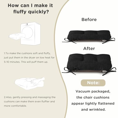 AddGrace Chair Cushions for Dining Chairs Set of 1 Kitchen Seat Cushions with Ties and Non Slip Backing Tufted Indoor Seat Pad for Kitchen Dining Room 18" x 17" x 3" Black - color: Black