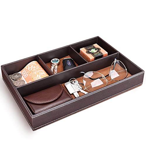 GORESE Faux Leather Valet Tray for Men, Stackable Jewelry Organizer for Drawers Inserts, Nightstand Caddy Tray for Key, Wallet, Sunglass, Watch, Coin, Phone, Bedside Desktop Storage Brown - color: Brown