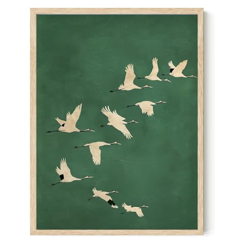 Vintage Wall Art Decor Animals Painting Prints Aesthetic Bedroom Wall Art Retro Bird Picture Green White Nature Flying Cranes Japandi Posters 12x16inch Unframed for Living Room Bedroom Office - color: White and green, size: 12"L x 16"W
