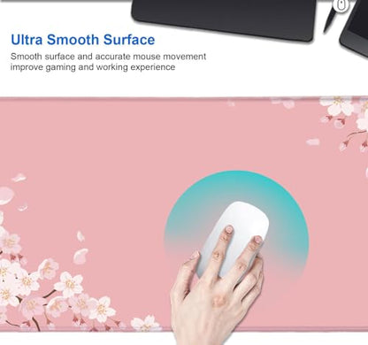 IMAYONDIA Pink Japanese Desk Mat, Cherry Blossom Large Gaming Mouse Pad, Non-Slip Rubber Base Mousepad for Women, Desk Pad for Work, Game, Office, 31.5x11.8 Inch- Sakura Flowers Aesthetic - color: Sakura Flowers