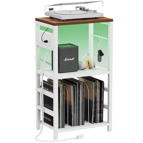 YAKANJ End Table with LED Light,Record Player Stand with Charging Station,Vinyl Records Storage,Turntable Stand Albums Storage for Music Room Studio-Industry White - color: Industry White