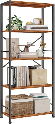 Furologee 5 Tier Book Shelf, Tall Wide Bookshelf, Industrial Open Bookcase, Display Shelves Storage Organizer, Shelving Unit for Living Room, Home Office, Bedroom, Rustic Brown - color: Rustic Brown, size: 5 Tier - 20"W
