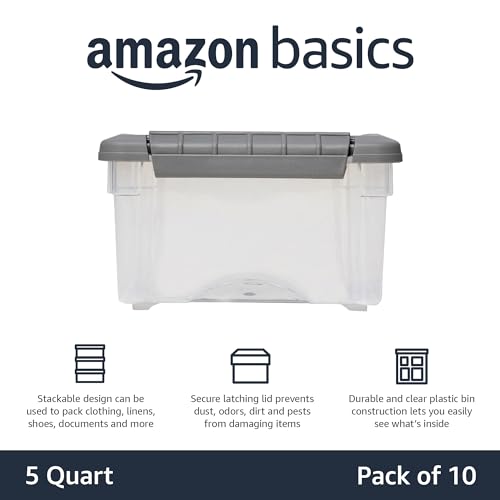 Amazon Basics Plastic Storage Containers with Secure Latching Lids, Stackable Organization Bins, Clear/Grey, 5 Quart, Set of 10 - size: 5 Qt. - 10 Pack
