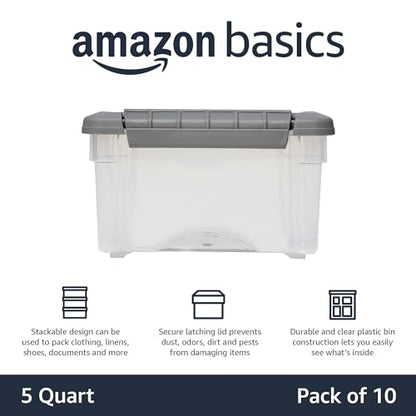 Amazon Basics Plastic Storage Containers with Secure Latching Lids, Stackable Organization Bins, Clear/Grey, 5 Quart, Set of 10 - size: 5 Qt. - 10 Pack