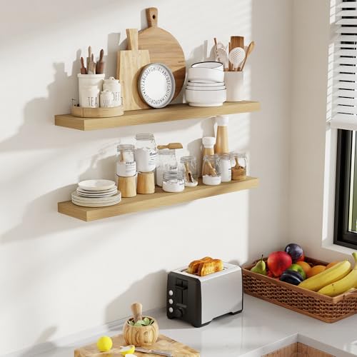 Acovy 36 Inch Floating Shelves, 8 Inch Deep Floating Shelves for Wall, Hanging Shelf with Invisible Brackets, Deep Shelves for Bathroom, Bedroom, Living Room, Oak, Set of 2 - color: Oak, size: 8"Wx36"L-2pcs