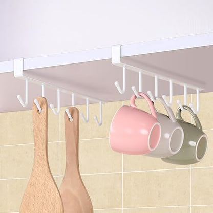 Kitchen Hook Holder Under Cupboard, Under Cabinet Utensils Hanging Hooks Rack, Drilling Free Cabinet Door Hanging Hook Rack,6 Hooks Kitchen Storage Utensil Organizer Hook Rack,2 Pack (White) - color: White 2pcs