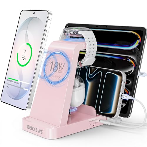Wireless Charger for Samsung: 5 in 1 Samsung Wireless Charging Station for Galaxy S26Ultra/S25/S24, Charger Dock Stand for Galaxy Watch8/7/6/5, Android Charging Station for All USB-C Buds, Pink - color: Pink