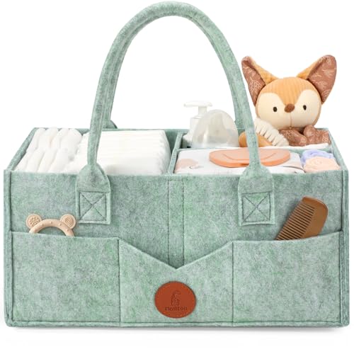 Maliton Baby Diaper Caddy, Nursery Storage Bin & Car Organizer with Handle, Large Felt Bag for Newborn essentials Boy or Girl, Changing Table Organizer for Baby Stuff, 15" x 9" x 7"Baby Shower Basket - color: green, size: Large