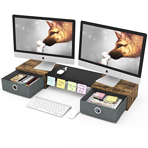 WESTREE Dual Monitor Stand Riser with Two Drawers, Extra Large Storage Monitor Stand for 2 Monitors, Desktop Organizer Stand Storage for Computer,Laptop,Screen,Printer,TV - color: Rustic Brown
